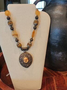 OOAK Carved Face Set In Silver Tone Engraved Setting Beaded Necklace Stunning!